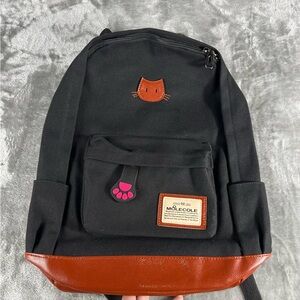 MoleCole Leather Canvas Backpack School Laptop Bag Cat's Ears Wallet Brown Black